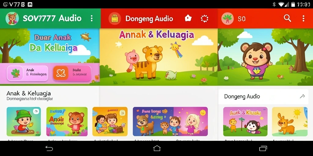 Antarmuka SOV777 yang ramah anak dengan berbagai pilihan dongeng audio.